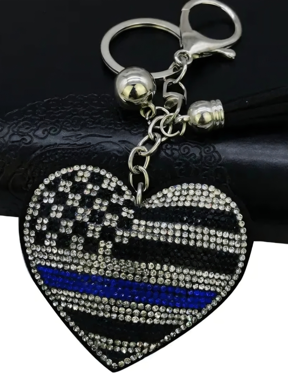 Rhinestone Thin Blue Line Heart Keychain Bag Charm NWT